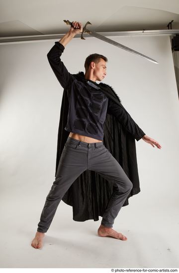 Man Adult Athletic White Fighting with sword Standing poses Coat