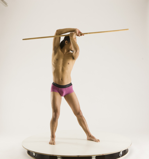 Man Adult Athletic Fighting with spear Standing poses Underwear Asian