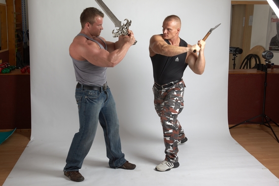 Adult Muscular White Fighting with sword Fight Casual Men