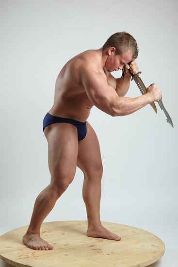 Man Adult Muscular White Fighting with knife Standing poses Underwear