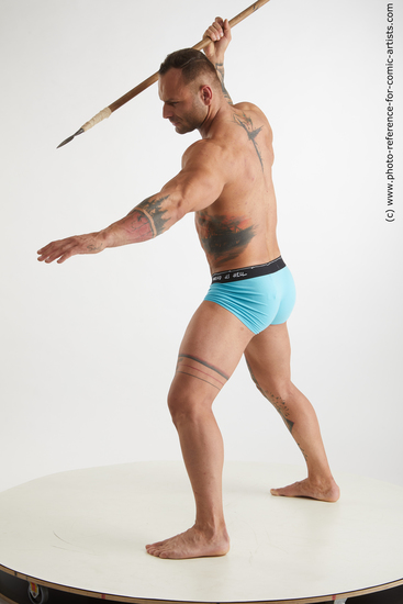 Man Adult Muscular White Fighting with spear Standing poses Underwear