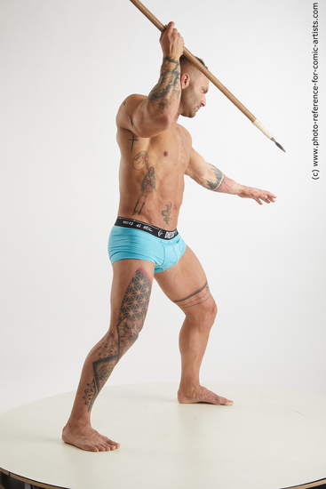 Man Adult Muscular White Fighting with spear Standing poses Underwear