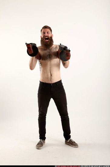 Man Adult Athletic White Fighting with submachine gun Standing poses Pants