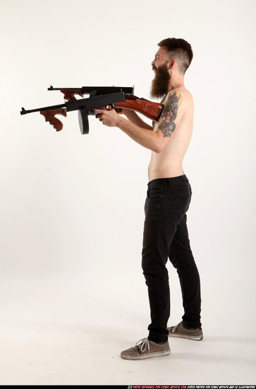 Man Adult Athletic White Fighting with submachine gun Standing poses Pants