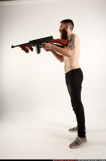 Man Adult Athletic White Fighting with submachine gun Standing poses Pants