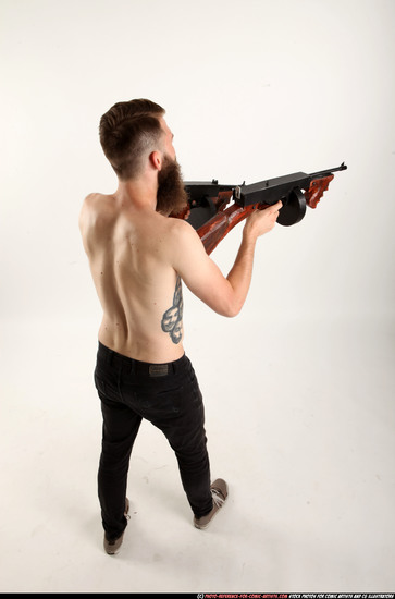 Man Adult Athletic White Fighting with submachine gun Standing poses Pants