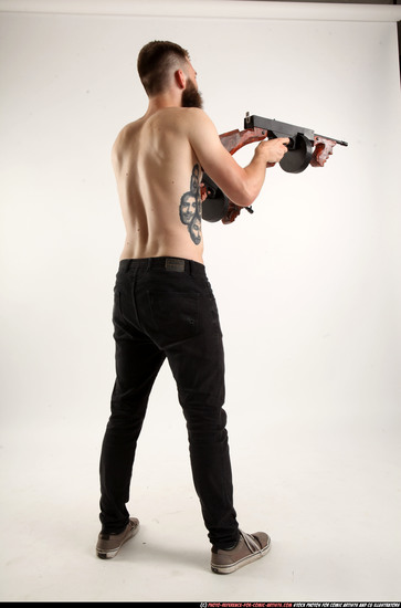 Man Adult Athletic White Fighting with submachine gun Standing poses Pants