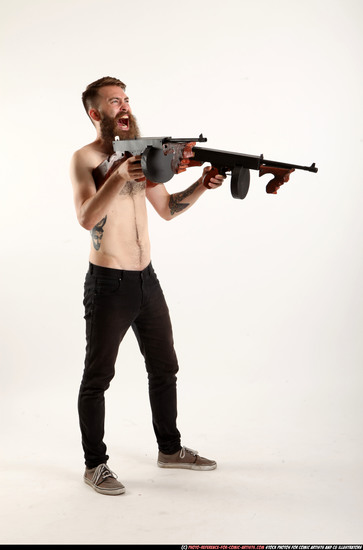 Man Adult Athletic White Fighting with submachine gun Standing poses Pants