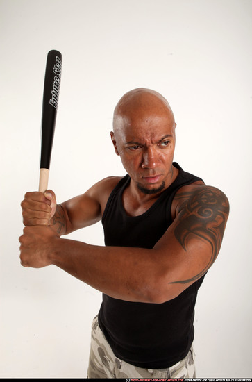 Man Adult Athletic Black Standing poses Casual Fighting with bat