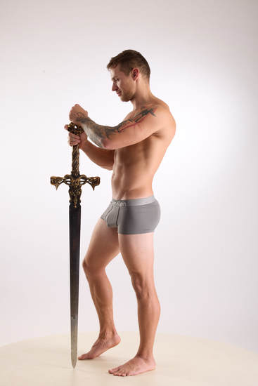 Man Adult Muscular White Holding Standing poses Underwear
