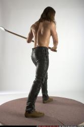 Man Adult Muscular White Fighting with spear Standing poses Pants