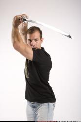 Man Adult Muscular White Fighting with sword Standing poses Sportswear