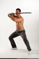 Man Adult Athletic White Fighting with sword Standing poses Pants