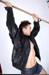 Man Adult Muscular White Fighting with spear Moving poses Underwear