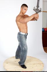 Man Adult Muscular White Fighting with sword Standing poses Pants