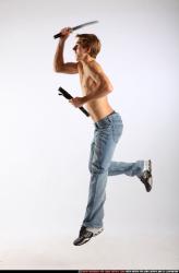 Man Young Athletic White Fighting with sword Moving poses Pants