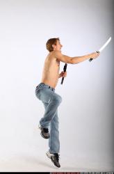 Man Young Athletic White Fighting with sword Moving poses Pants