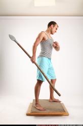 Man Adult Athletic White Fighting with spear Standing poses Sportswear