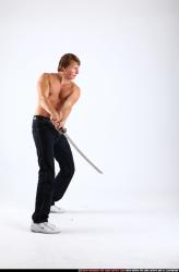 Man Young Athletic White Fighting with sword Standing poses Pants