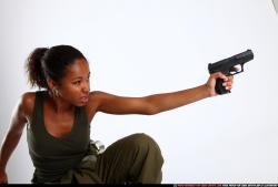 Woman Young Athletic Black Fighting with gun Kneeling poses Army