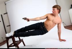 Man Young Athletic White Fighting with gun Moving poses Pants