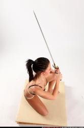 Woman Adult Athletic White Fighting with sword Kneeling poses Underwear