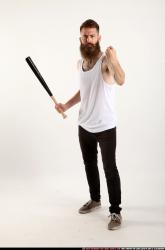 Man Adult Athletic White Standing poses Casual Fighting with bat