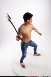 Man Young Athletic Fighting with sword Standing poses Pants Latino