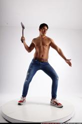 Man Young Athletic Fighting with sword Standing poses Pants Latino