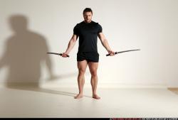 Man Adult Muscular White Fighting with sword Moving poses Sportswear