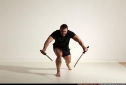 Man Adult Muscular White Fighting with sword Moving poses Sportswear