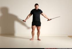 Man Adult Muscular White Fighting with sword Moving poses Sportswear