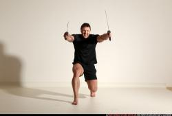 Man Adult Muscular White Fighting with sword Moving poses Sportswear