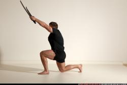 Man Adult Muscular White Fighting with sword Moving poses Sportswear